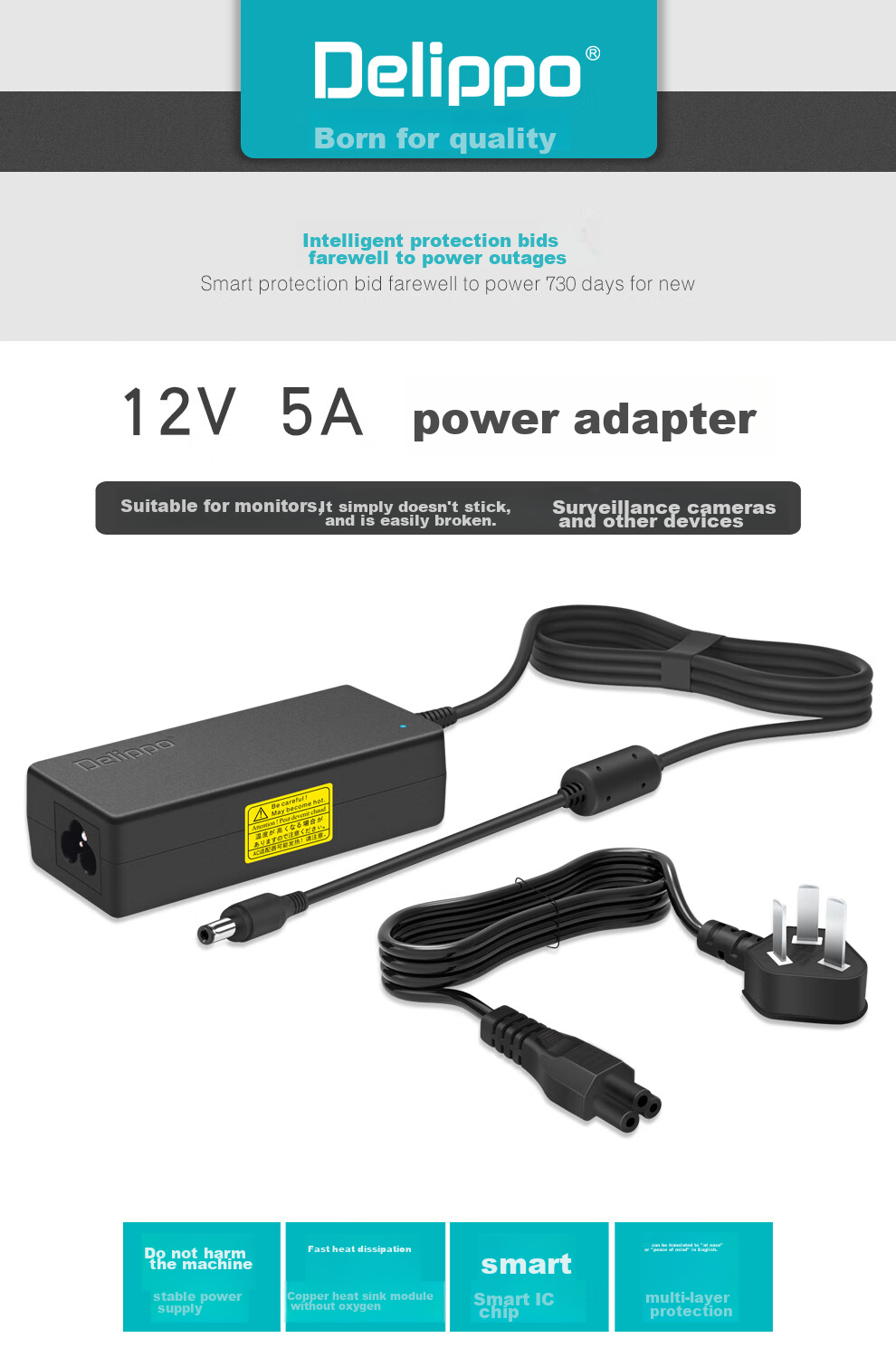 Delippo Power Adapter for Dell LCD Monitors, 12V 5A 3.33A 4A, Compatible with S2740L/S2440Lb/S2719H/S2419H Desktop Computers 1