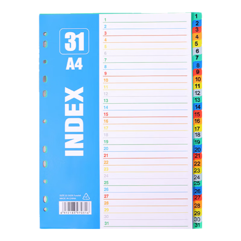 Touch Fish A4 Colored Paper, 11-Hole Index Paper, Colored Divider Paper, Classification Paper, Page Separators, 31 Colors of Perforated Paper