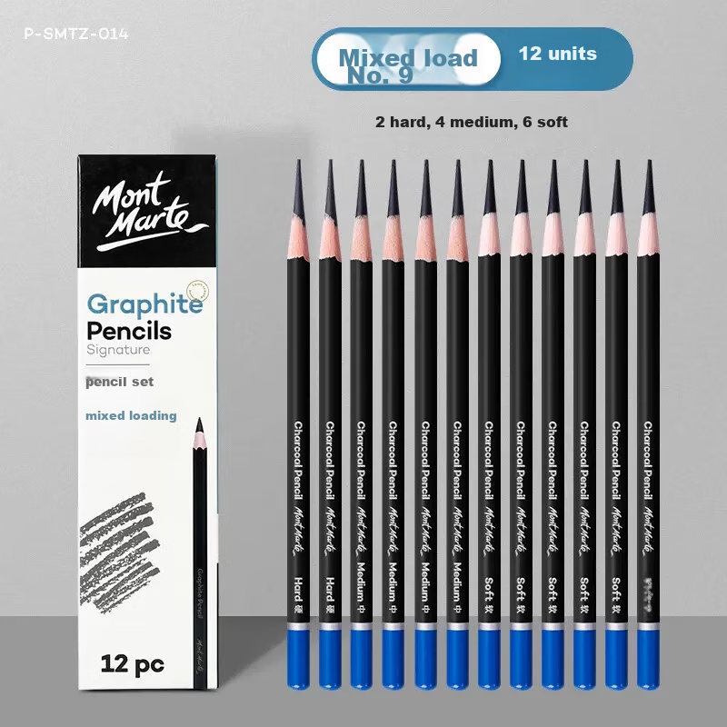 Mont Marte Sketching Charcoal Pencils, Art Pencils for Drawing, Carbon Pencils for Sketching, Beginner Student Sketching Pencils, Practice Drawing Pencils, Soft to Hard Mixed Pack of 12 Pencils P-SMTZ Art Sketching
