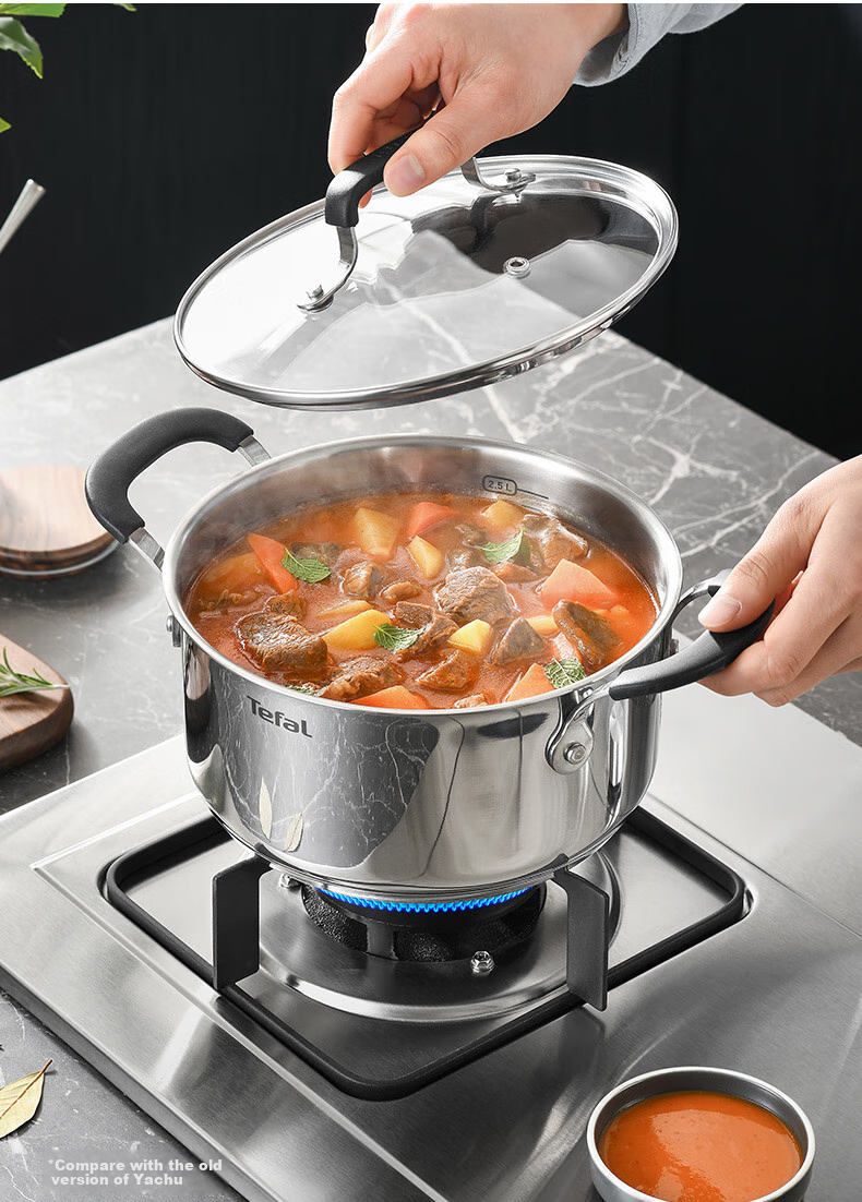 Tefal Stainless Steel Soup Pot, Thickened Stew Pot, Suitable for Induction Cooker, Large Capacity Cooking Pot, Dishwasher Safe 6
