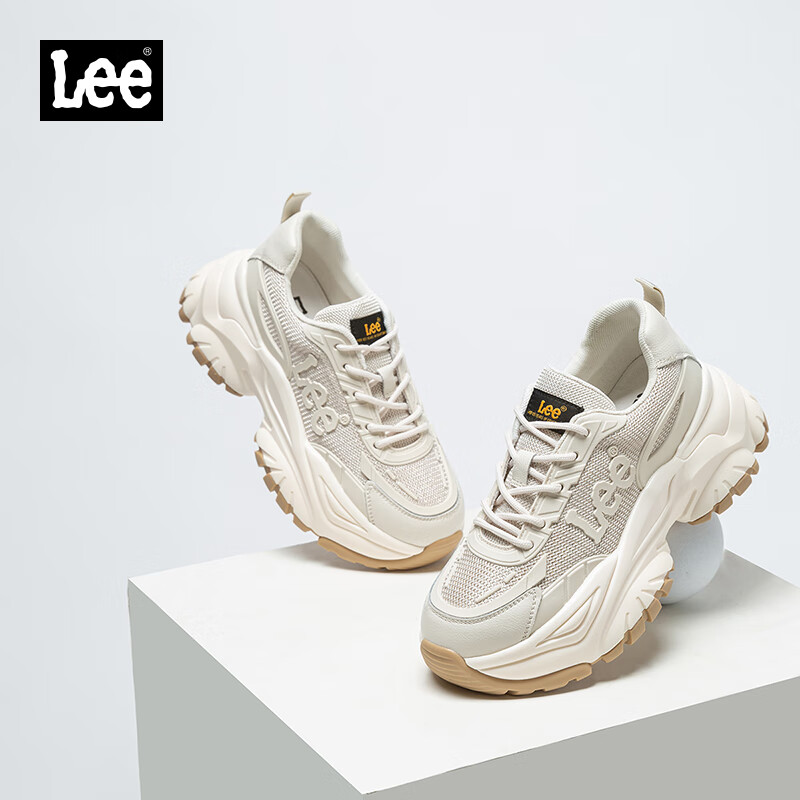 Lee Women's Casual Shoes, Chunky Sneakers, Fashionable Thick-Soled Heightening Mesh Breathable Sports Shoes, Light Beige, Size 35