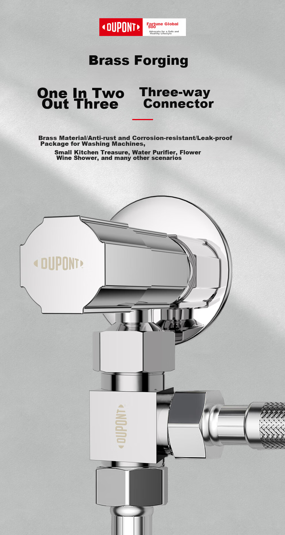 DU PONT DU PONT Three-Way Connector, Thickened One-In Toilet Accessory, 1/2 Inch Union Joint, Copper Material Angle Valve Water Distributor 2