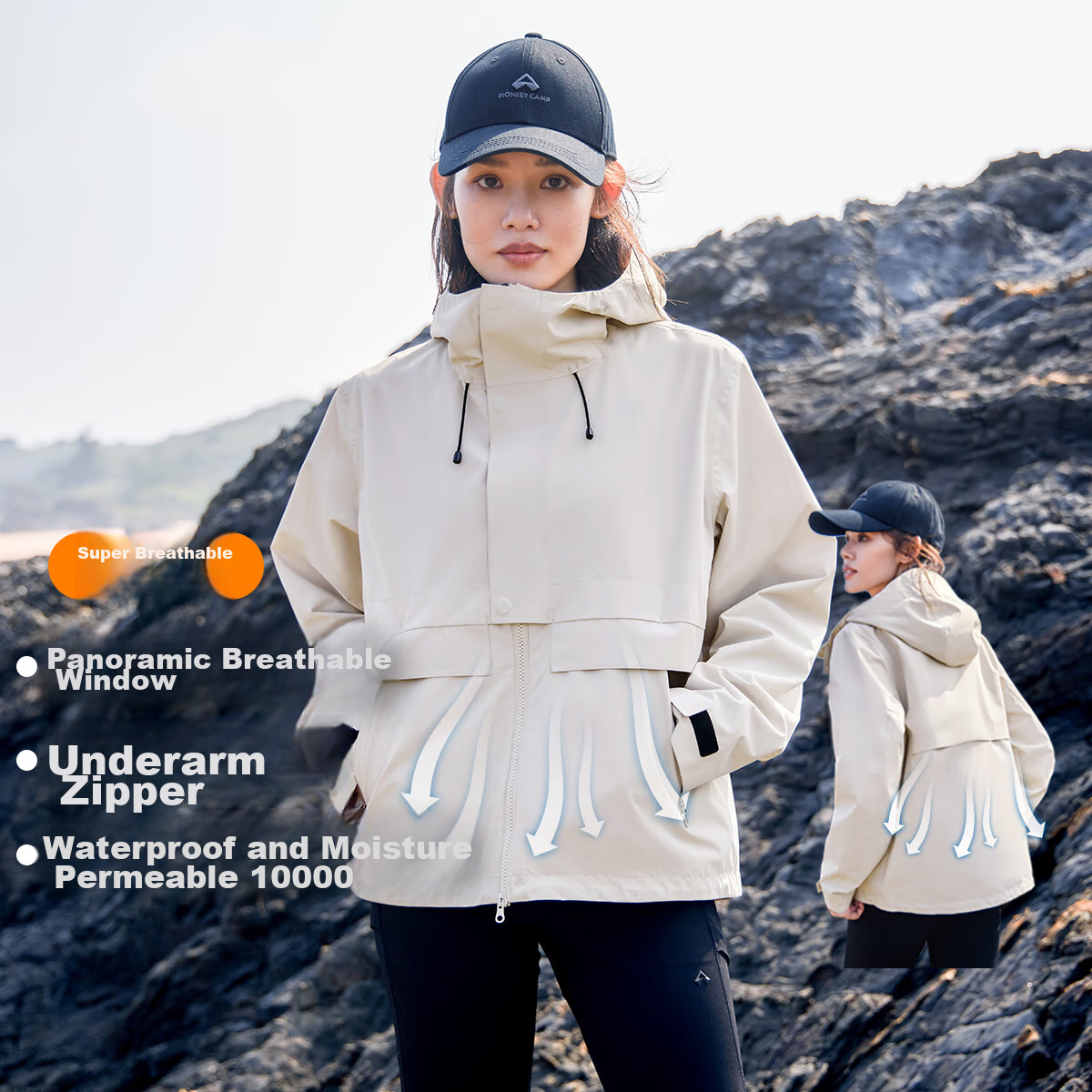 Pioneer Camp Breathable Windproof Waterproof Jacket for Women, Autumn Outdoor Breathable Windproof Waterproof Travel Hiking Coat, Light Apricot Color, XXL