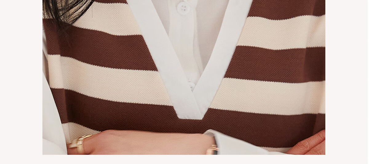 Chushen Thin Long-Sleeve Blouse for Women, Stylish Faux Two-Piece Striped Casual Shirt Top S13QC2942 4