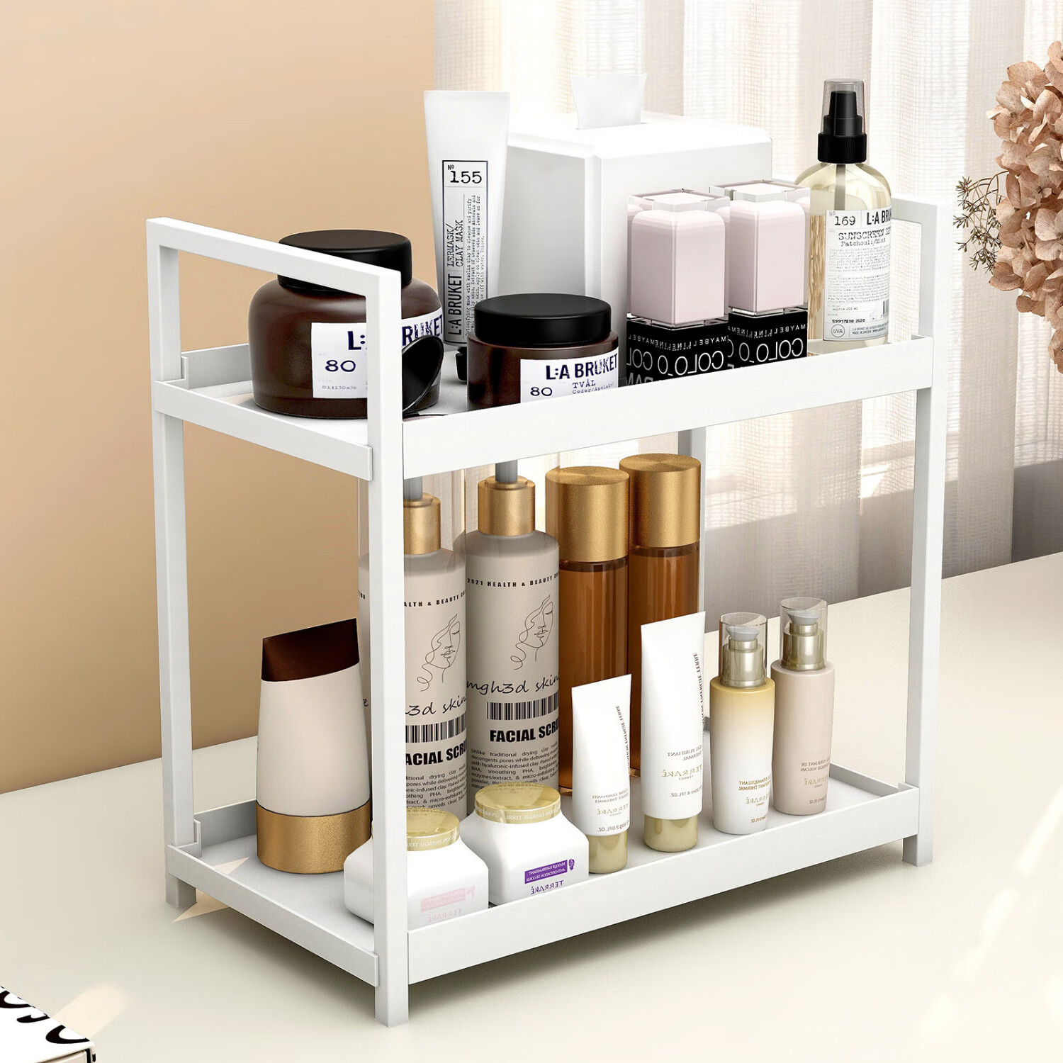 Ourunzhe Desktop Storage Rack, Skincare And Cosmetics Organizer, Dormitory Bedroom Dressing Table Small Shelf, White Double-Layer