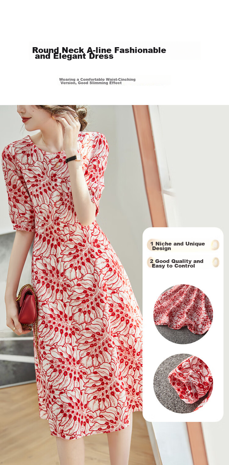 Dme [Monet Garden] Summer Elegant Breathable Pure Cotton Embroidered Waist-Cinching A-Line Flared Dress for Women, Mid-Length 2