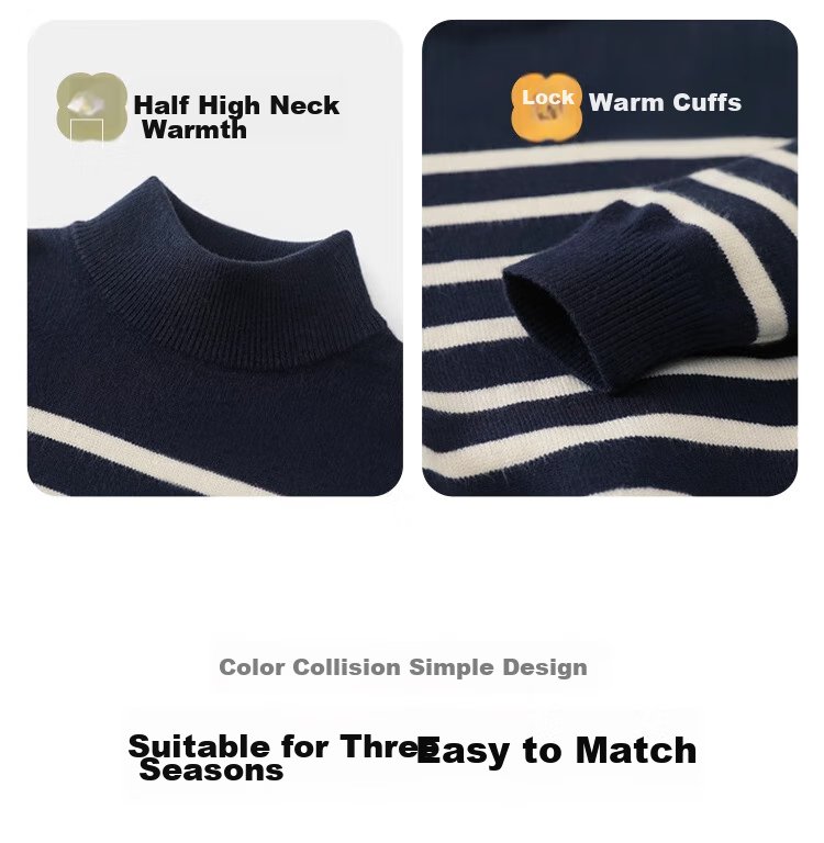 Ciciibear Boys' Sweater, Autumn And Winter Children's New Thick Half-Turtleneck, Baby Striped Base Shirt, Knitted Children's Clothing 10