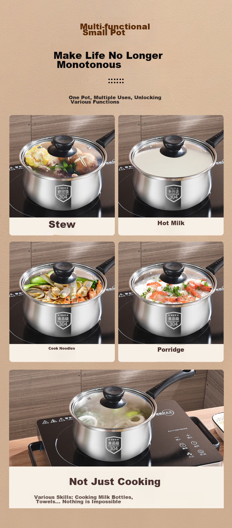 BSITN 304 Stainless Steel Non-Stick Milk Pot, 16cm Small Milk Pot, Baby Food Milk Pot, Compatible with Gas And Induction Stoves, 1528 4