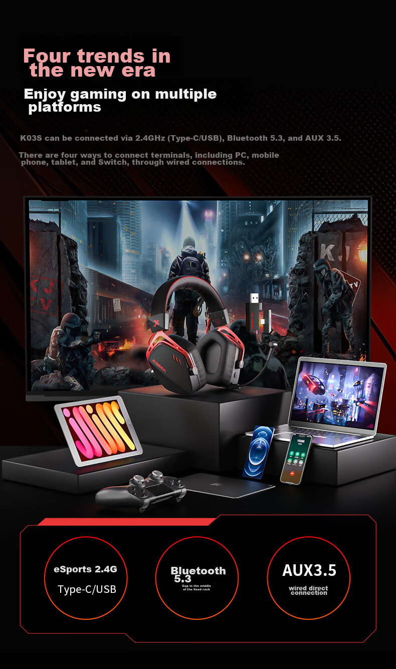 XIBERIA K03S Quad-Mode Gaming Headset with Visual Battery Indicator, Bluetooth Wireless Over-Ear E-Sports Triangular Sound Positioning Warrior Black [Recommended by Xiaodingdang] 14