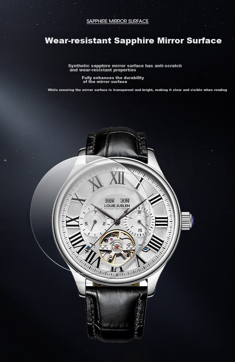 LOUIE JUELEN Men's Mechanical Watch, Student Fully Automatic Genuine Product, Skeleton Tourbillon, Business Style, Silver Case with White Dial And Steel Strap 7
