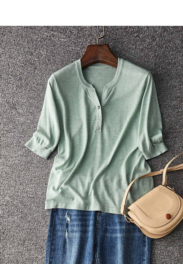 Dme [Baohe Milk Cheese] Spring And Summer Semi-Open Collar Sweater with Wool, Five-Quarter Sleeve, Petite Knit Top for Wome 16
