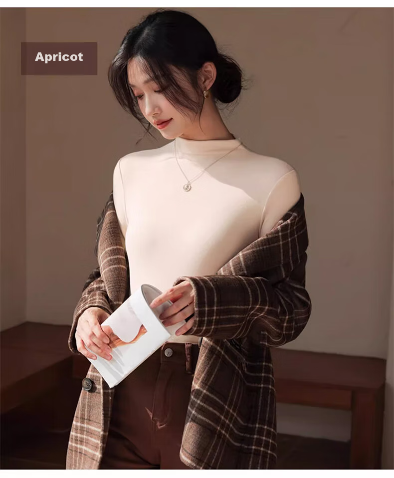 LangSha Semi-Turtleneck Base Layer for Women, New Autumn And Winter Thick Fleece Ribbed Long-Sleeve Slim-Fit Antibacterial Anti-Mite Inner Wear Top 16