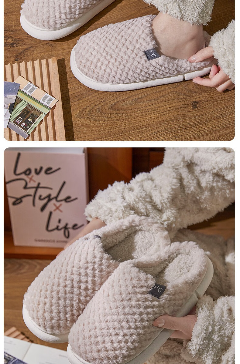 GUOLUOFEI Cotton Slippers, Men's Indoor Thick Warm Couple Thick-Soled Furry Slippers for Women, Beige, Size 36-37 14
