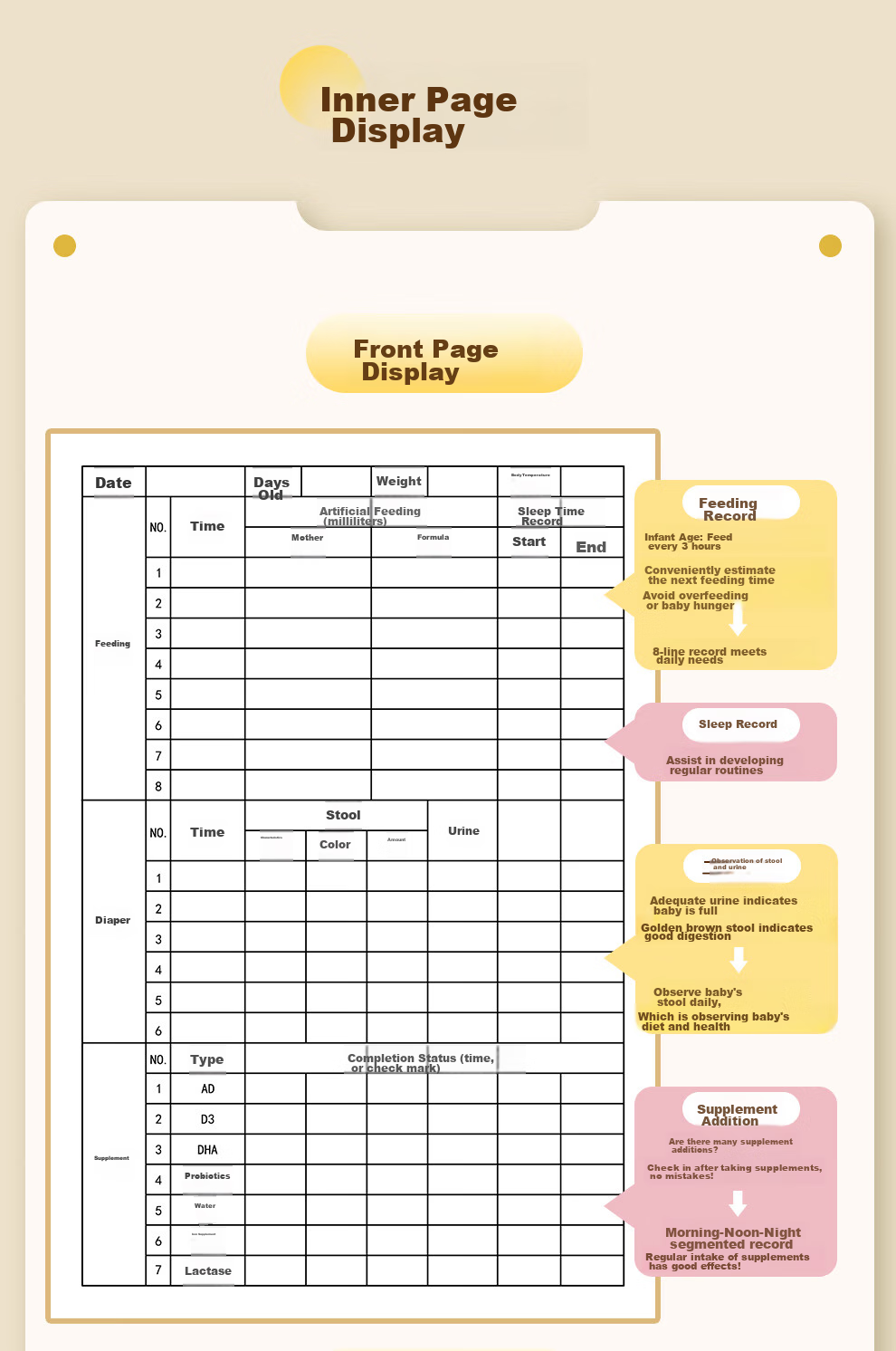 Jiaranheng A5 Baby Feeding Record Book, Infant Milk Feeding And Complementary Food Diary, Newborn Growth Development Record Manual, Daily Life Record Notebook, Feeding Diary, Yellow 5