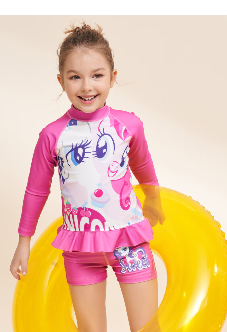 Aimer Kids Girls' Long-Sleeve Swimsuit, My Little Pony Collaboration, Two-Piece Set for Beach Vacation Photoshoots, Rose Pink, Size 140 6