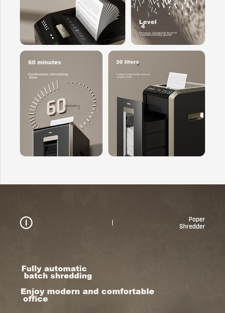 Deli Automatic Paper Shredder, 150 Sheets, 60 Minutes Continuous Shredding, 4-Level Confidentiality, Large Powerful Office-Specific Document Shredder, 30L Capacity, Paper Bin-Style, G3 3
