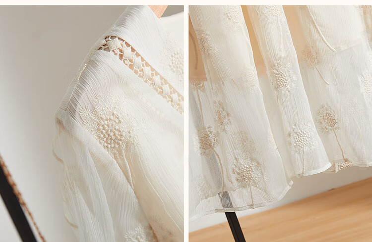 Dme [Xian Gan Embroidered Dress] Spring And Autumn V-Neck Hollow-Out Woven Strap Three-Quarter Sleeve Midi Dress for Women, Off-White, M 9