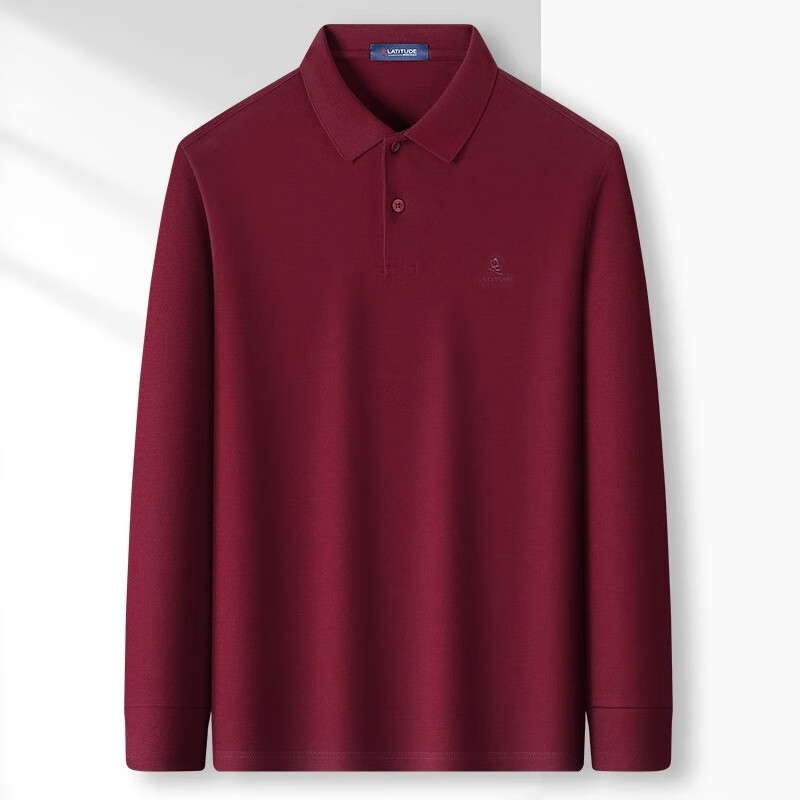 MONTAGUT Men's Long-Sleeve Polo Shirt, Autumn Season, Turn-Down Collar, Pique Long-Staple Cotton, Skin-Friendly Business Casual T-Shirt, Jujube Red, Size M
