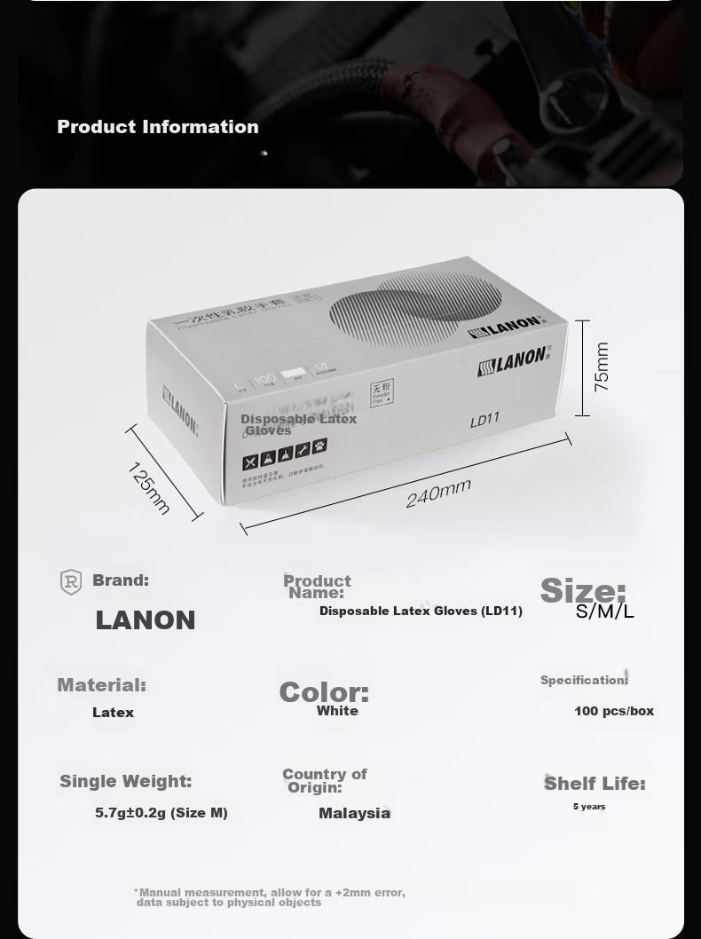 LANON Disposable Latex Gloves, Thickened, Laboratory And Oral Examination, 100 Pieces, Imported Latex LD11, Size L 11