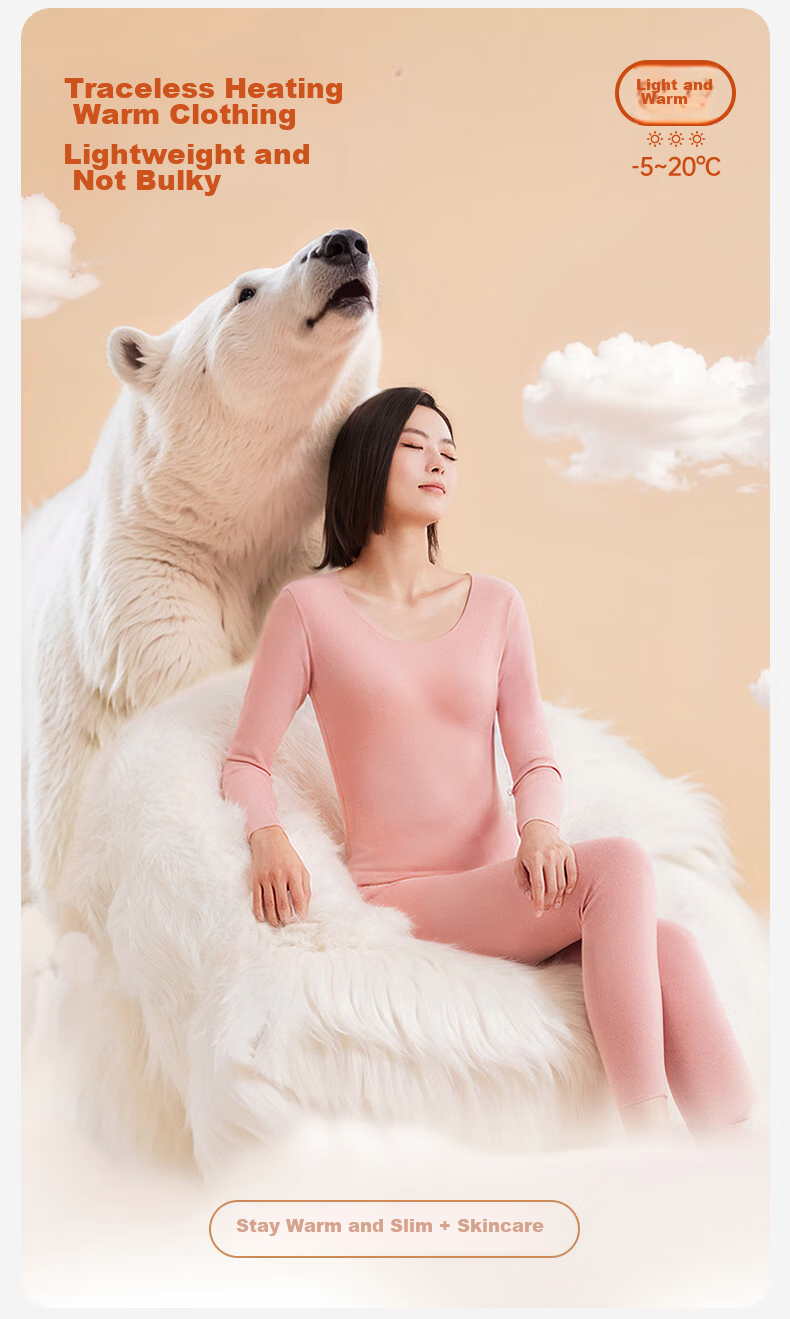 Bejirog Seamless Thermal Underwear for Women, Fleece-Lined Thickened Set, Autumn And Winter Cold-Proof Light Warm Base Layer Top And Bottom 2