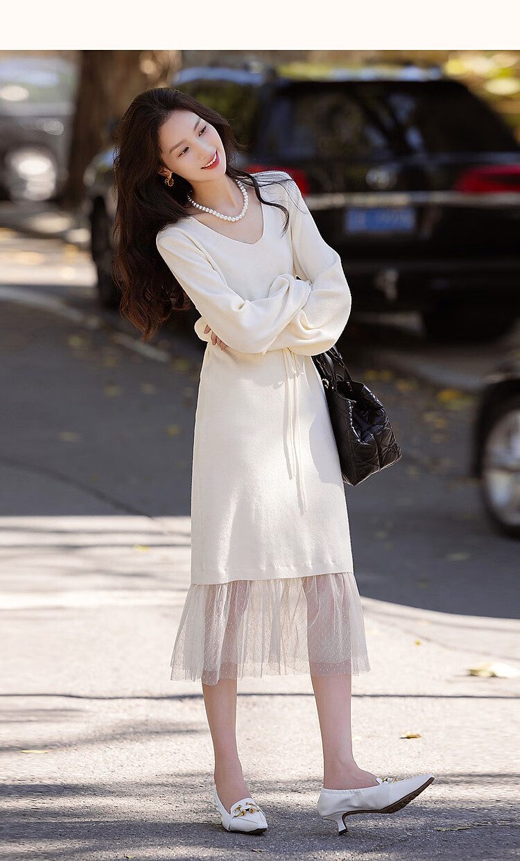 Dme [Retro Sweet Lady] Spring And Autumn Gentle Style Faux Two-Piece Pearl Drawstring Mesh A-Line Dress 17