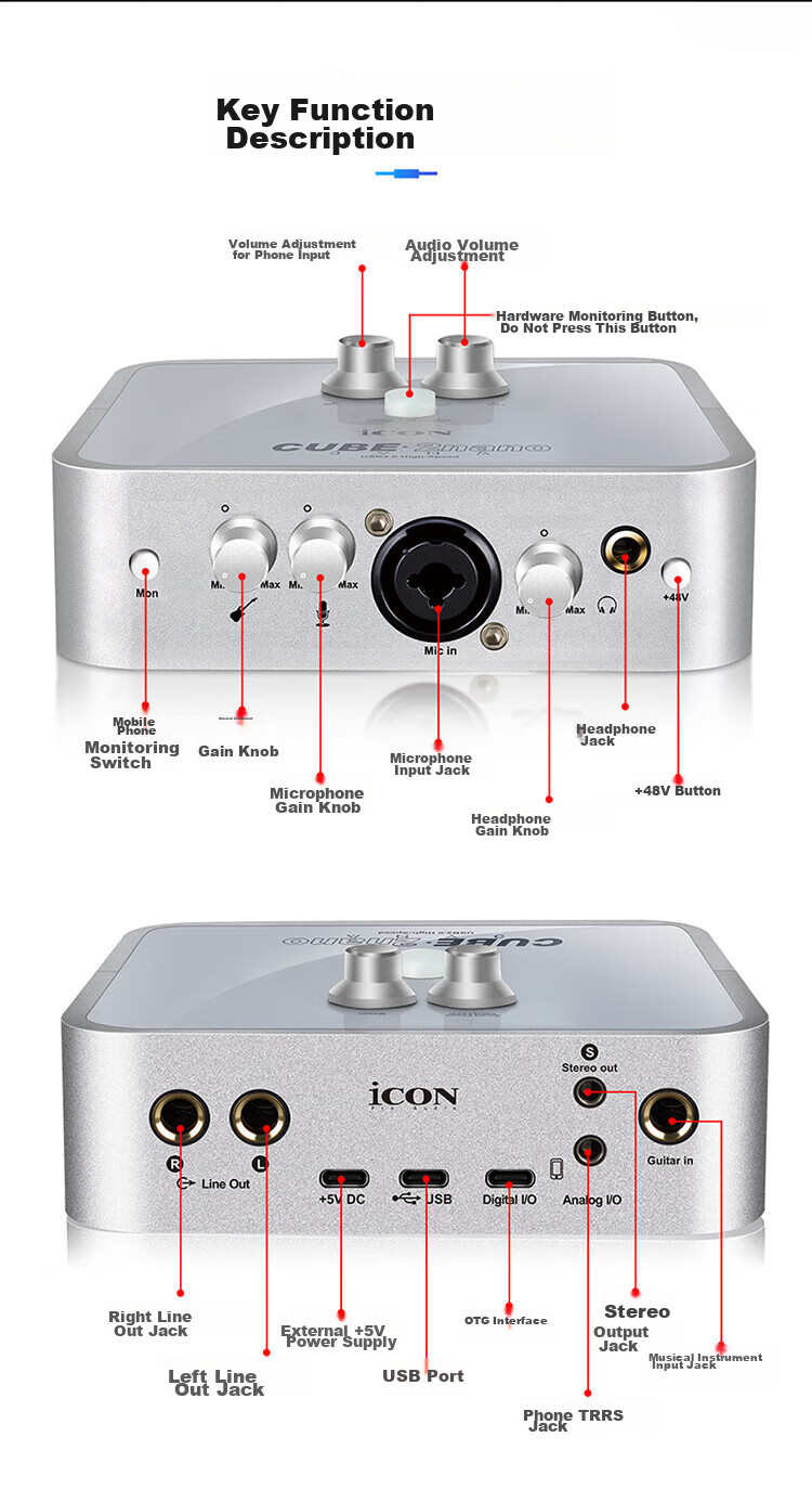 Aiken ICON 2nano External Sound Card Live Streaming Device, Streamer Live Singing Shouting Microphone, Mobile Phone Computer Professional Recording Karaoke Singing Sound Card Equipment ICON Single Sound Card 10