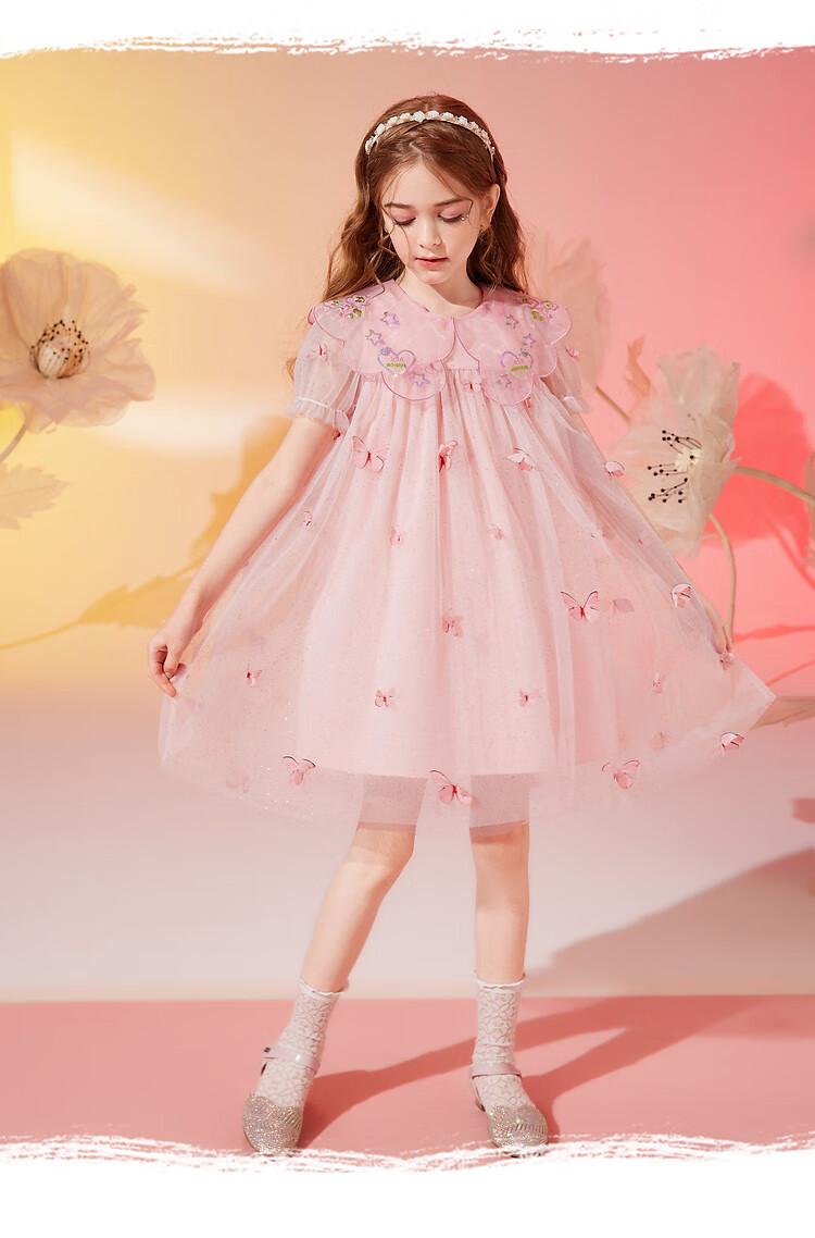 ASK JUNIOR Girls' Summer Dress, Children's Lightweight Fairy-Like Butterfly Mesh Fashion Doll Collar Princess Dress 10