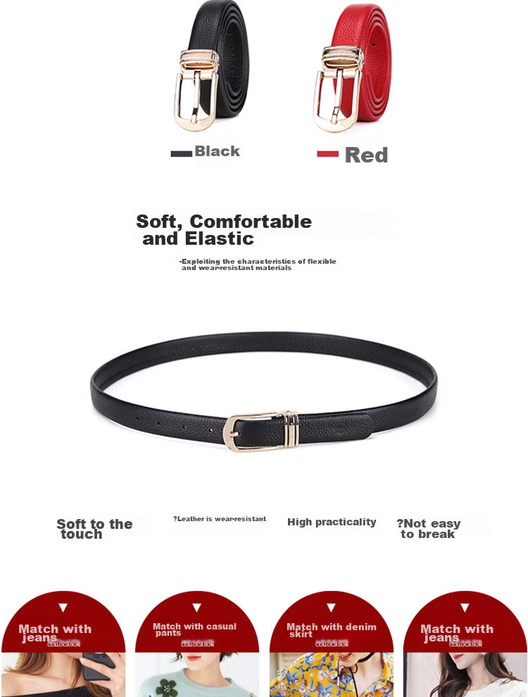 CROCODILE Zodiac Year Top-Grain Leather Women's Belt, Casual Pin Buckle Belt, Birthday Gift for Girlfriend, 11609 Red 2