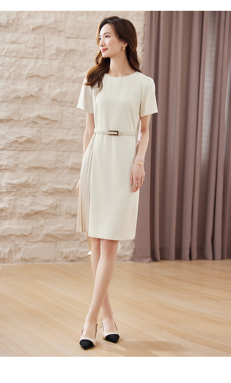 Sentubila Design-Inspired Patchwork Dress, Summer Elegant Pleated Skirt for Petite Figures, Apricot Color, Size S 13