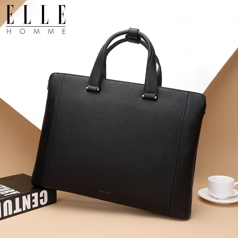ELLE HOMME Men's Business Briefcase, Light Luxury Top-Grain Leather Handbag, Fashionable Laptop Bag EA388200510 Black