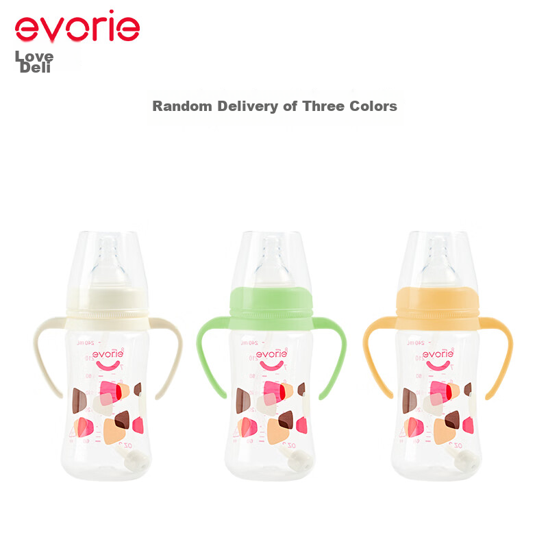 Evorie Wide-Mouth Straw Bottle with Handle, PP Material Baby Bottle 240ml (Random Color)
