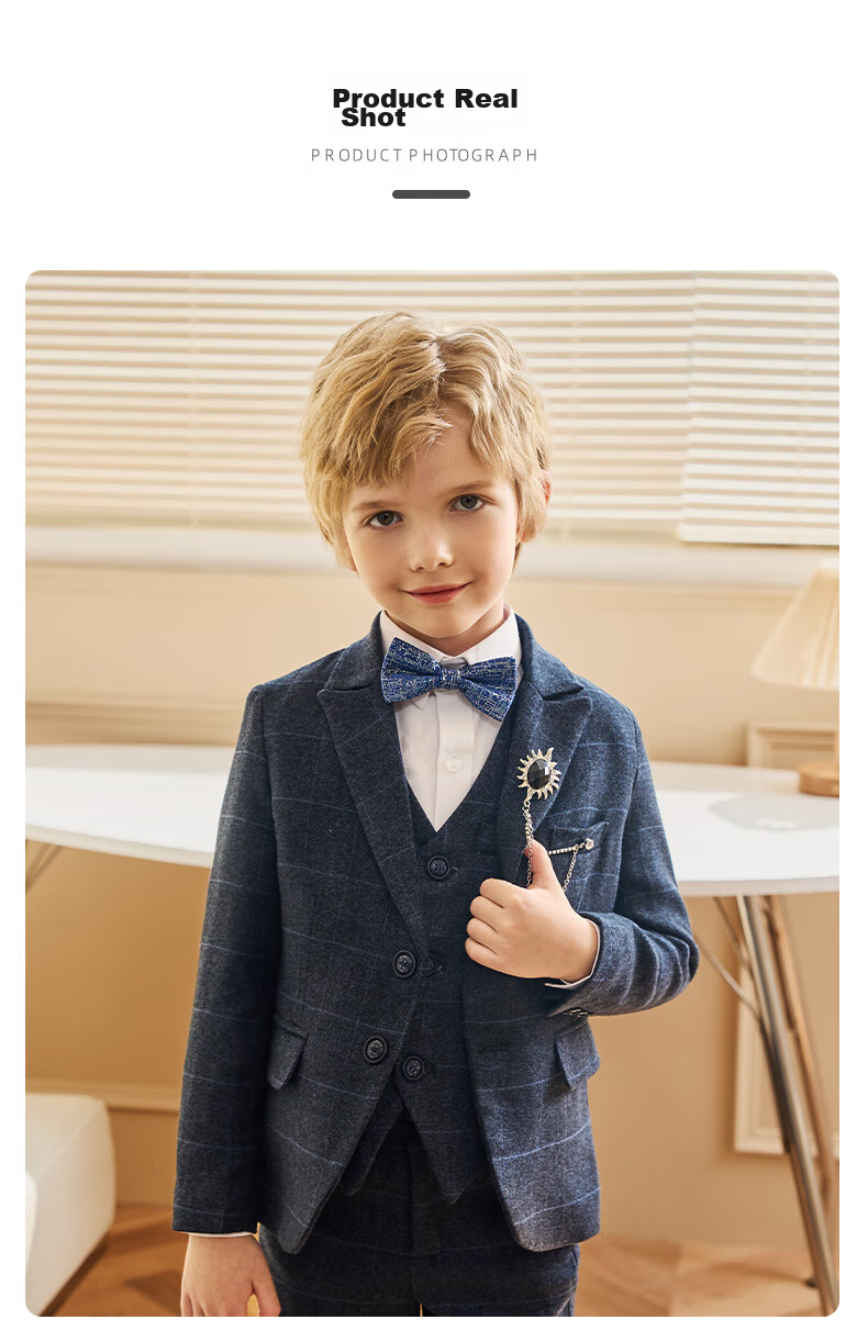 Luomeng Children's Suit Set, Boys' Host Flower Boy Formal Wear for Performances, Blue Plaid Five-Piece Set, Size 170 15