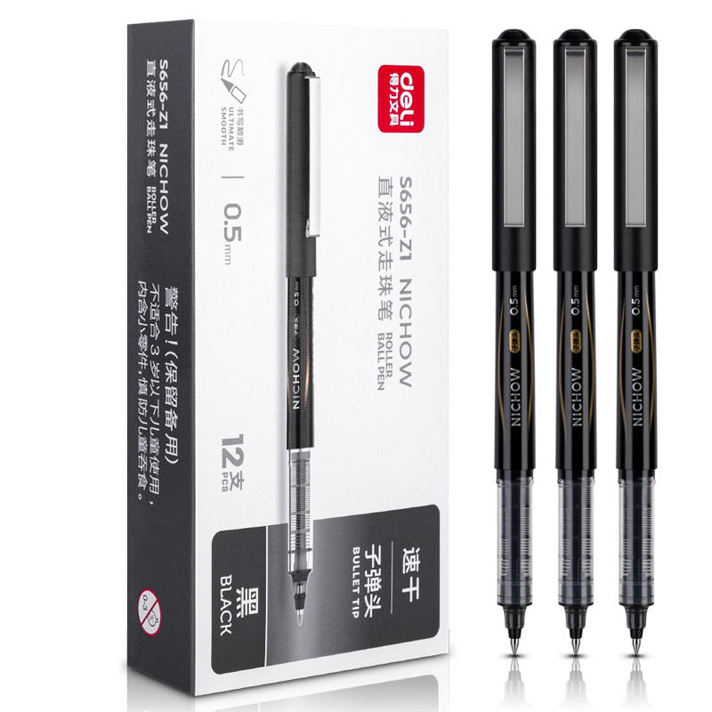 Deli Gel Pen, 0.5mm Bullet Tip, Office Business Neutral Pen, Rollerball Pen, Water-Based Pen, Meeting Pen, Black, 12 Pens/box, S656-Z1
