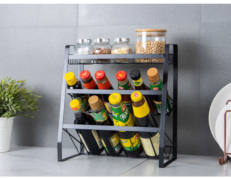 Ourunzhe Kitchen Storage Rack, Countertop Oil Bottle Holder, Spice Rack, Condiment Organizer, No Drilling Required, Desktop Storage Shelf, Slanted Design, 3-Tier 16