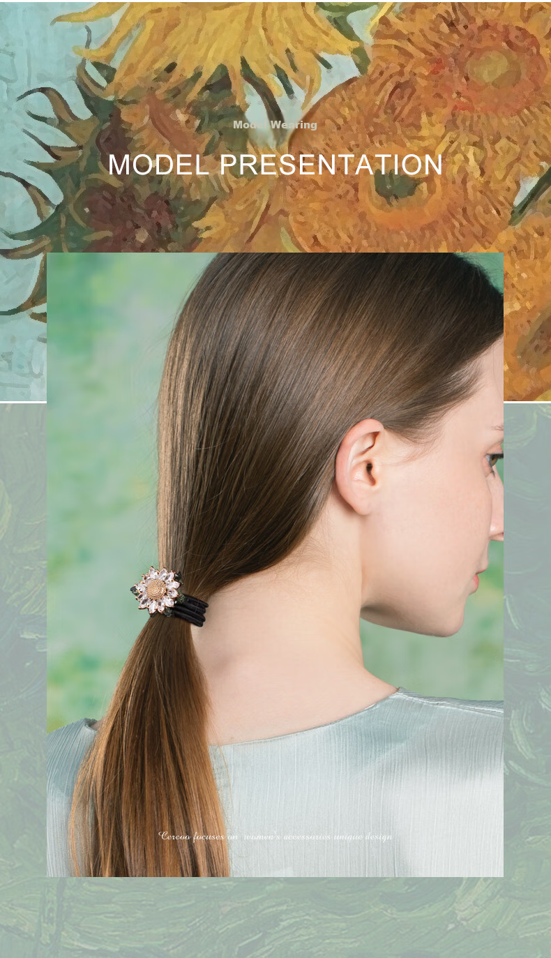 Cercoo Sunflower Following Craft Crystal Two-Strand Hair Ties, Elastic Hair Bands, Ponytail Holders, Hair Rings, High-Elasticity Mid-Autumn Festival Gift 4