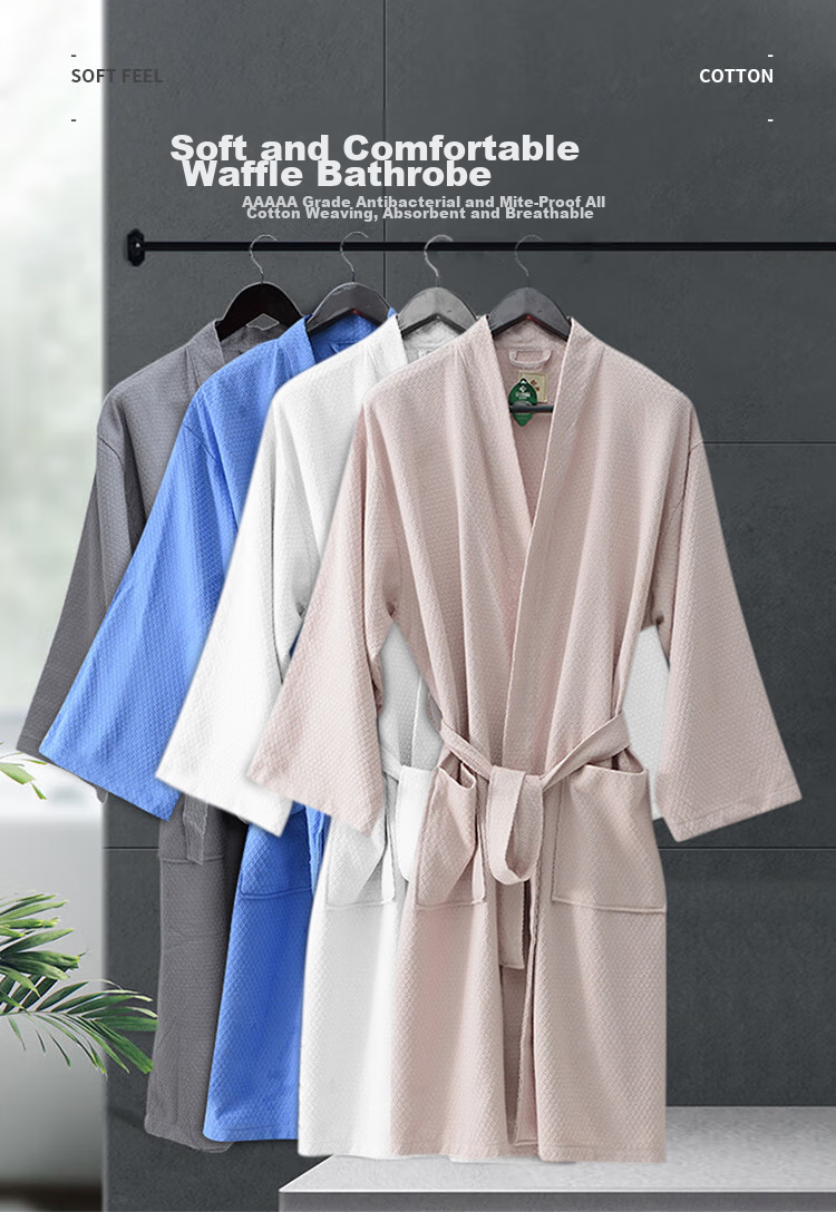 Grace Antibacterial And Anti-Mite Home Bathrobe, Pure Cotton Waffle Pattern Sleepwear for Men And Women, Five-Star Hotel Comfortable Absorbent Couple's Bathrobe 1