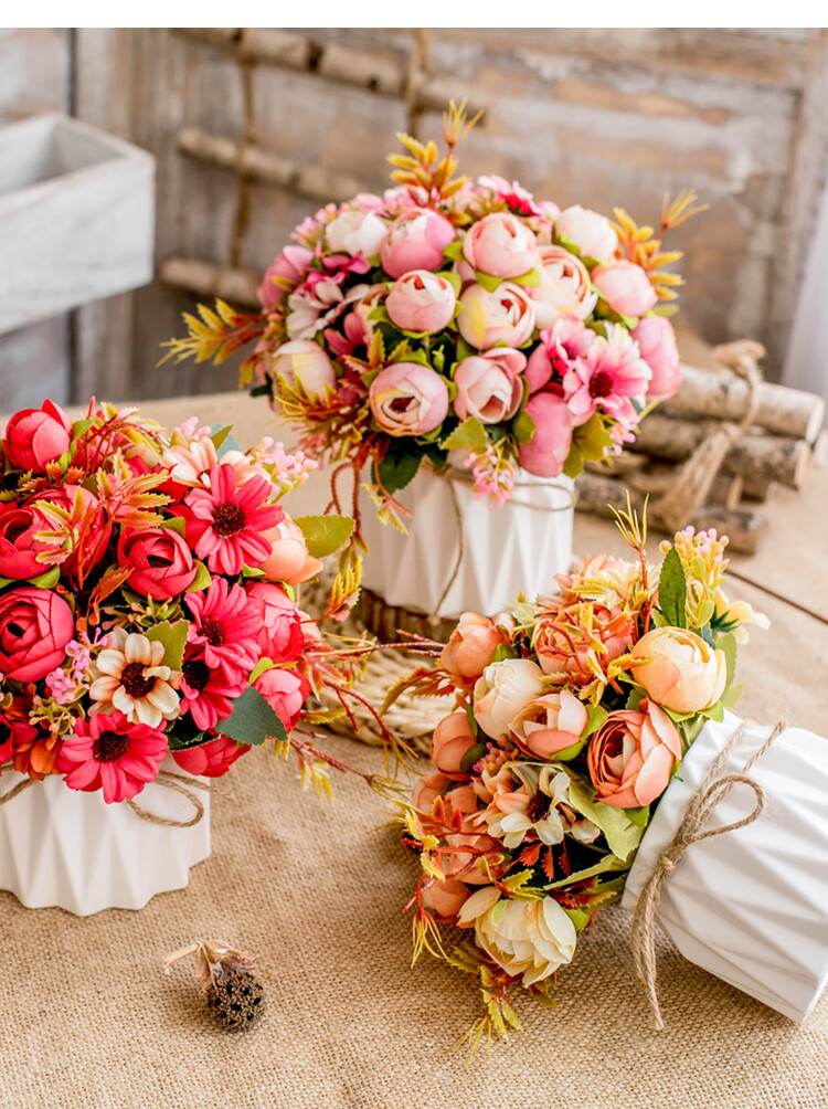 SUGER LOVE Nordic Style Artificial Flower Arrangement Set with Plastic Flowers and Ceramic Vase Pink for Living Room Dining Table Decoration 9