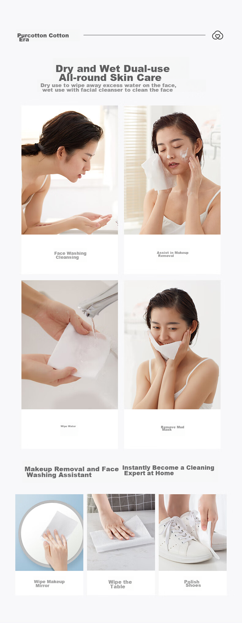 PurCotton Facial Cleansing Wipes, 70 Sheets * 4 Rolls, Thickened 100% Pure Cotton Soft Tissues, Disposable Face Towels, 20*20CM 8