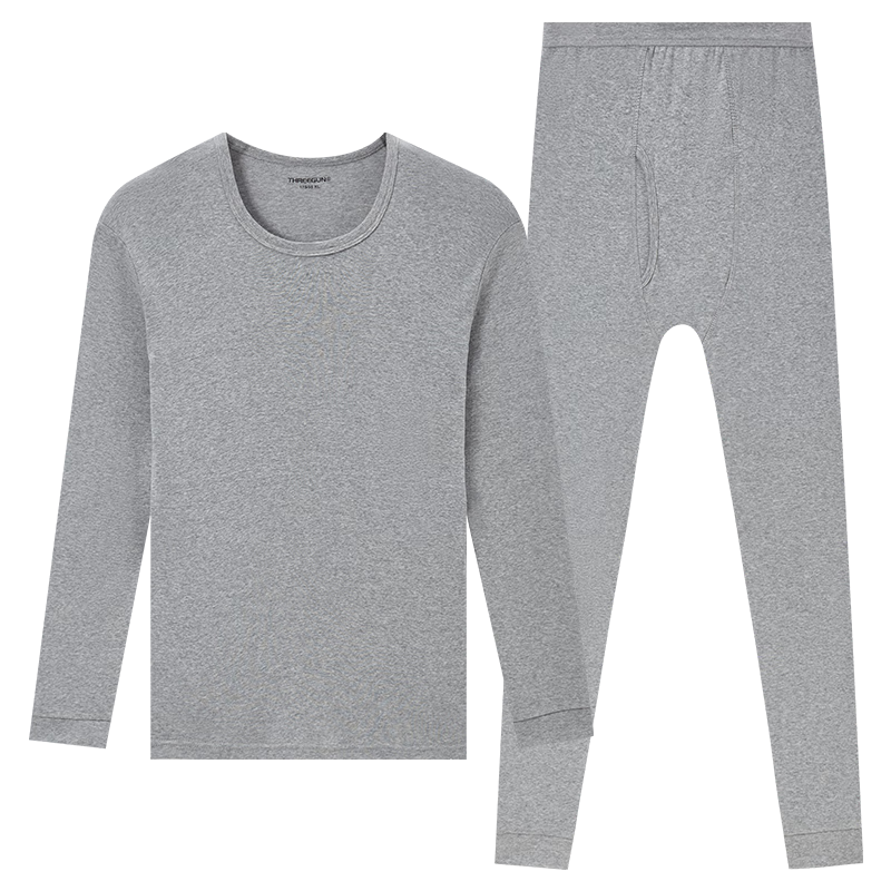 THREEGUN Men's Autumn Underwear Set, Pure Cotton Thin Round Neck Base Layer Thermal Underwear, Seamless Anti-Static Warm Inner Wear