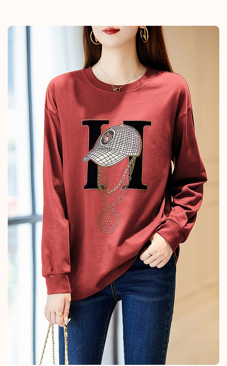 Dme Spring And Autumn Cloud Soft Cotton Long Sleeve Sporty Design Rhinestone Women's T-Shirt, Pink, XL 3