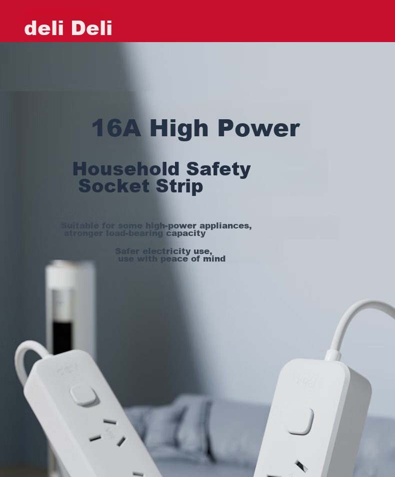 Deli 16A High-Power Socket, 4kW Air Conditioner Socket/power Strip/extension Cord/outlet Strip/power Board, 3 Outlets, Master Switch, 3 Meters (With 16A Converter), LX224S 1