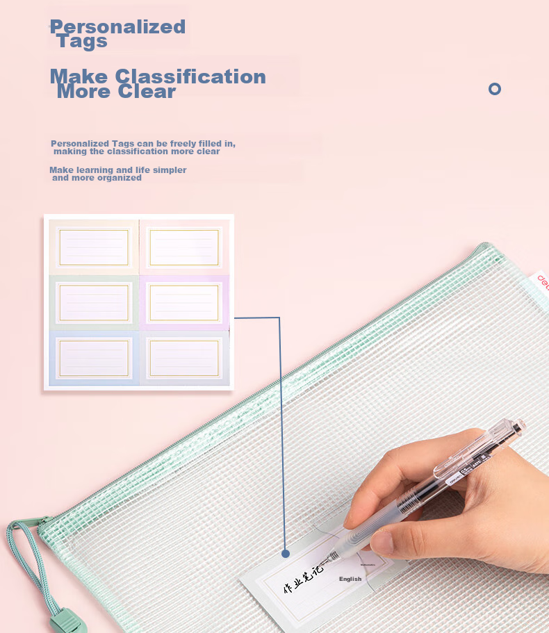 Deli Back-To Stationery, 5 A4 Grid Zipper Pouches, File Folders for Students' Subject Classification, Label Style, Morandi Mixed Colors 63484A 6