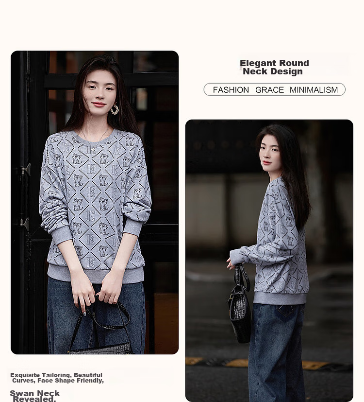 Dme [Cotton Printed Sweatshirt], Spring And Autumn Round Neck Loose Drop Shoulder Long Sleeve Slightly Stretchy Sweatshirt for Women, Flax Gray, M 6