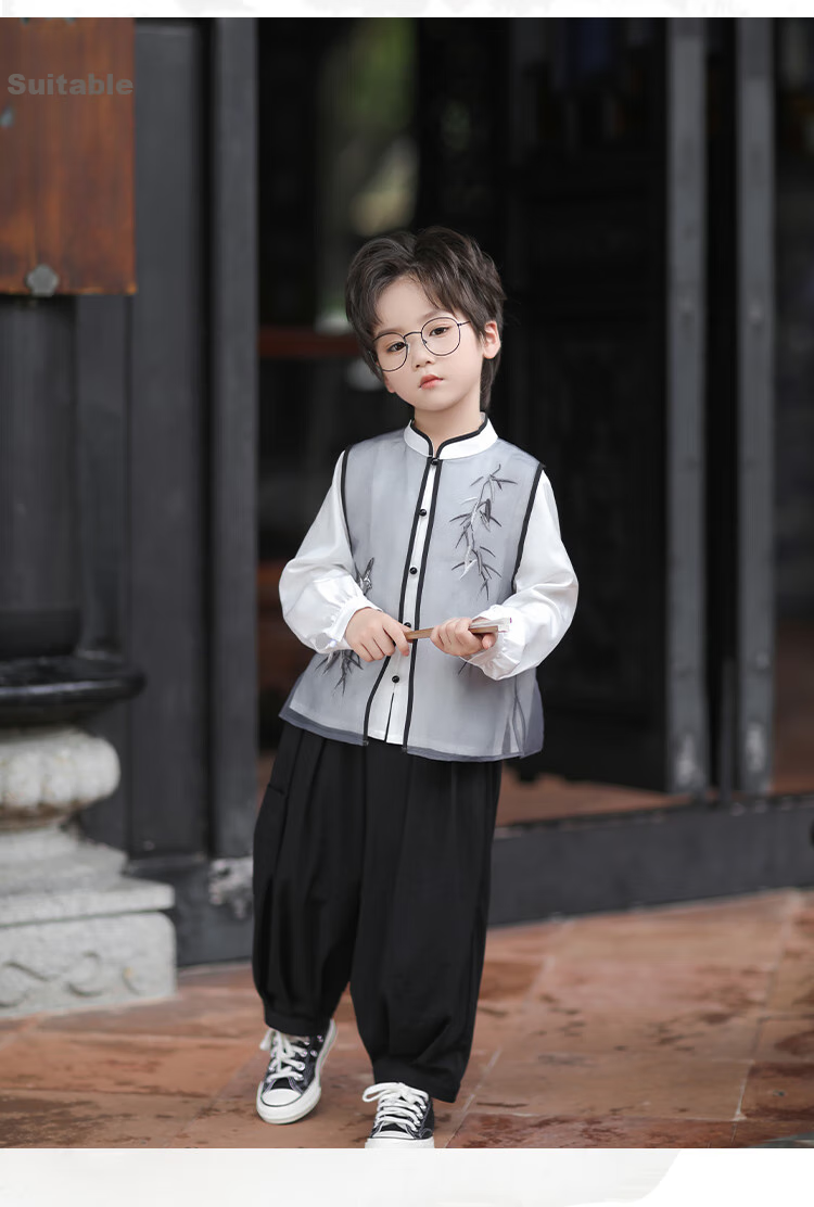 Qibo Boys' Hanfu, New Summer Style, Neo-Chinese National Style Children's Performance Costume, Bamboo Shadow Shorts (Shorts Only), Size 100 14
