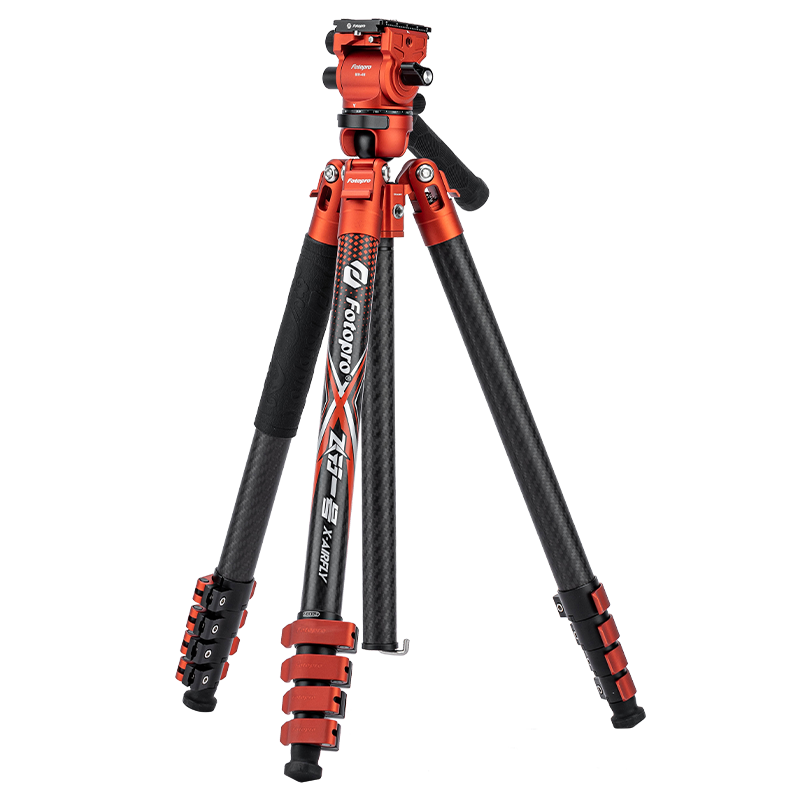 Fotopro Feixingyihao VIDEO Hydraulic Ball Head Integrated Camera Tripod for Mirrorless Cameras And Photography, No Center Column, Flip-Lock, Carbon Fiber, Flame Orange, Includes Phone Clamp