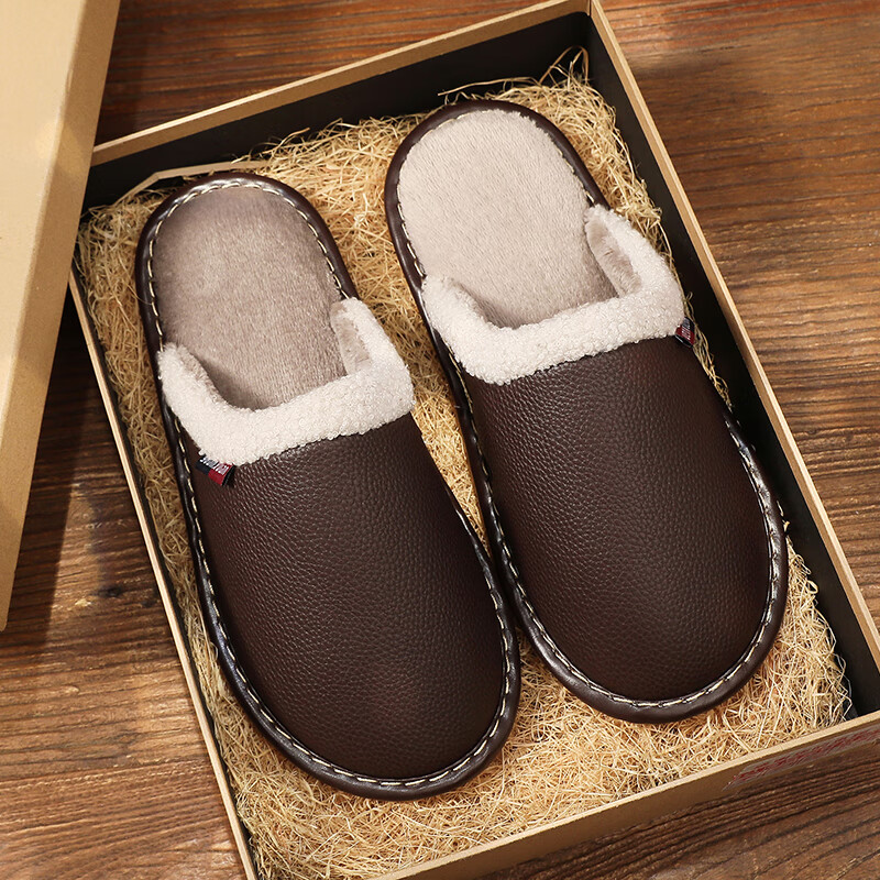 GUOLUOFEI Waterproof PU Leather Cotton Slippers for Men And Women, Winter Outdoor Wear Non-Slip Indoor Maternity Shoes Home Cotton Shoes Coffee Color Size 40/41