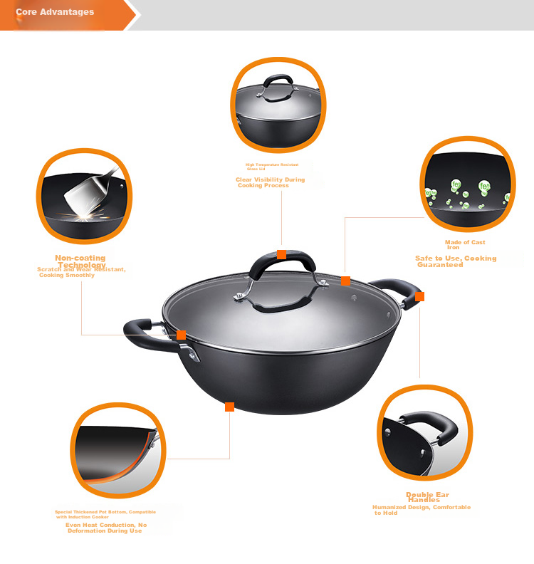 SUPOR Cast Iron Double-Handle Non-Coated Deep Wok 34CM Wear-Resistant Iron Pan Compatible with Gas And Induction Stoves FC34Y1 4