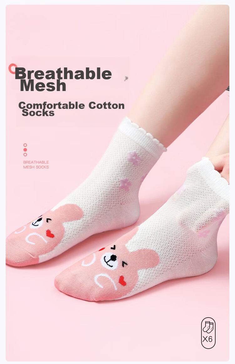 LangSha Children's Socks, Girls' Mesh Cotton Socks, Spring And Summer Thin Mid-Calf Socks for Girls, Students, Small Bear Pattern (6 Pairs) 1