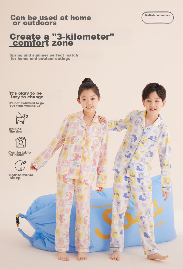 Hodo Children's Pajamas, Spring And Autumn Pure Cotton, Boys And Girls Home Wear Set, Long-Sleeve Top And Long Pants Two-Piece Set, M3511 Light Blue, Size 140 6