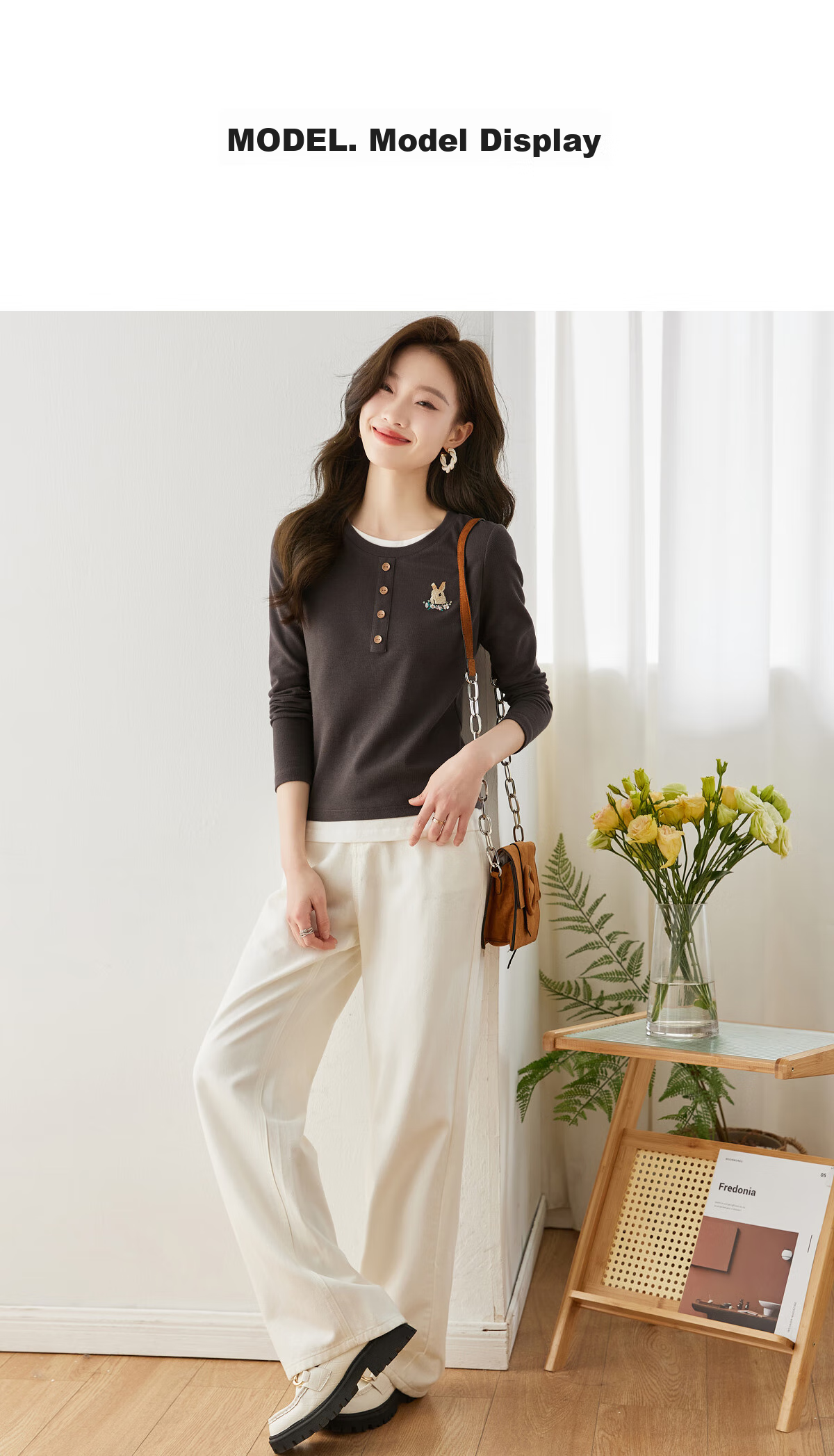Sentubila Rabbit Embroidery Faux Layered Round Neck Long Sleeve T-Shirt for Women, Spring And Autumn Outer Wear Slimming Top, Dark Gray, S 12